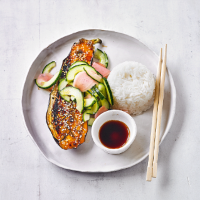 Miso glazed aubergine with pickled ginger cucumber 